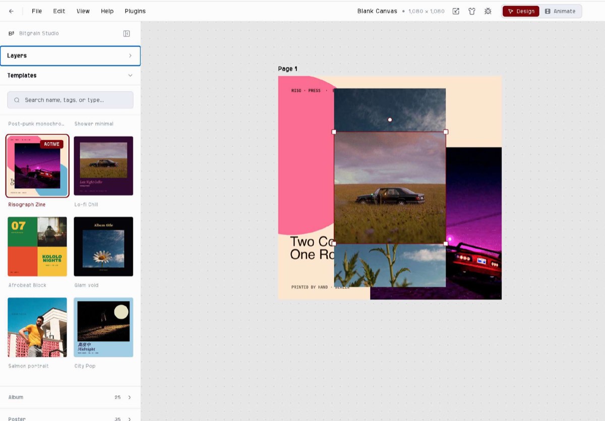 Screenshot of Bitgrain’s editor with a collage-style album cover template open: the Layers and
Templates panels are both visible, but there is no way to bring a second template into this same
project alongside the one already open.