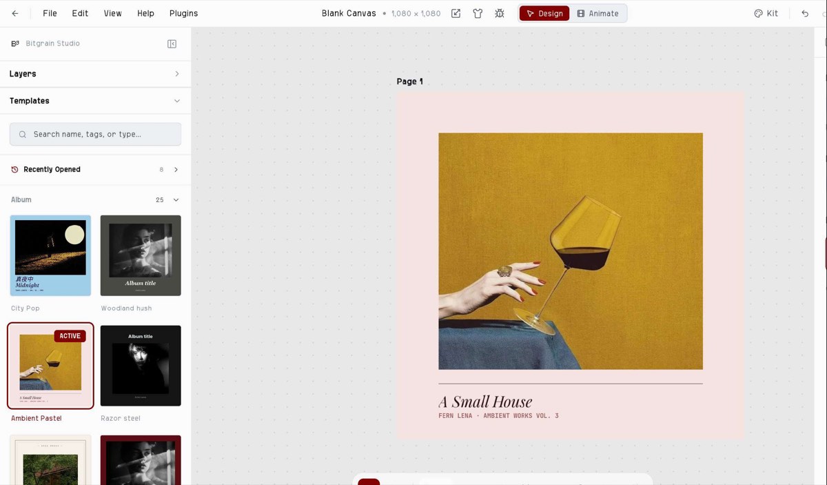 Screenshot of Bitgrain’s template library sidebar: album-cover templates are shown as a tight
2-column grid of small thumbnails, making it hard to make out the text layout or imagery in any
one template at a glance.