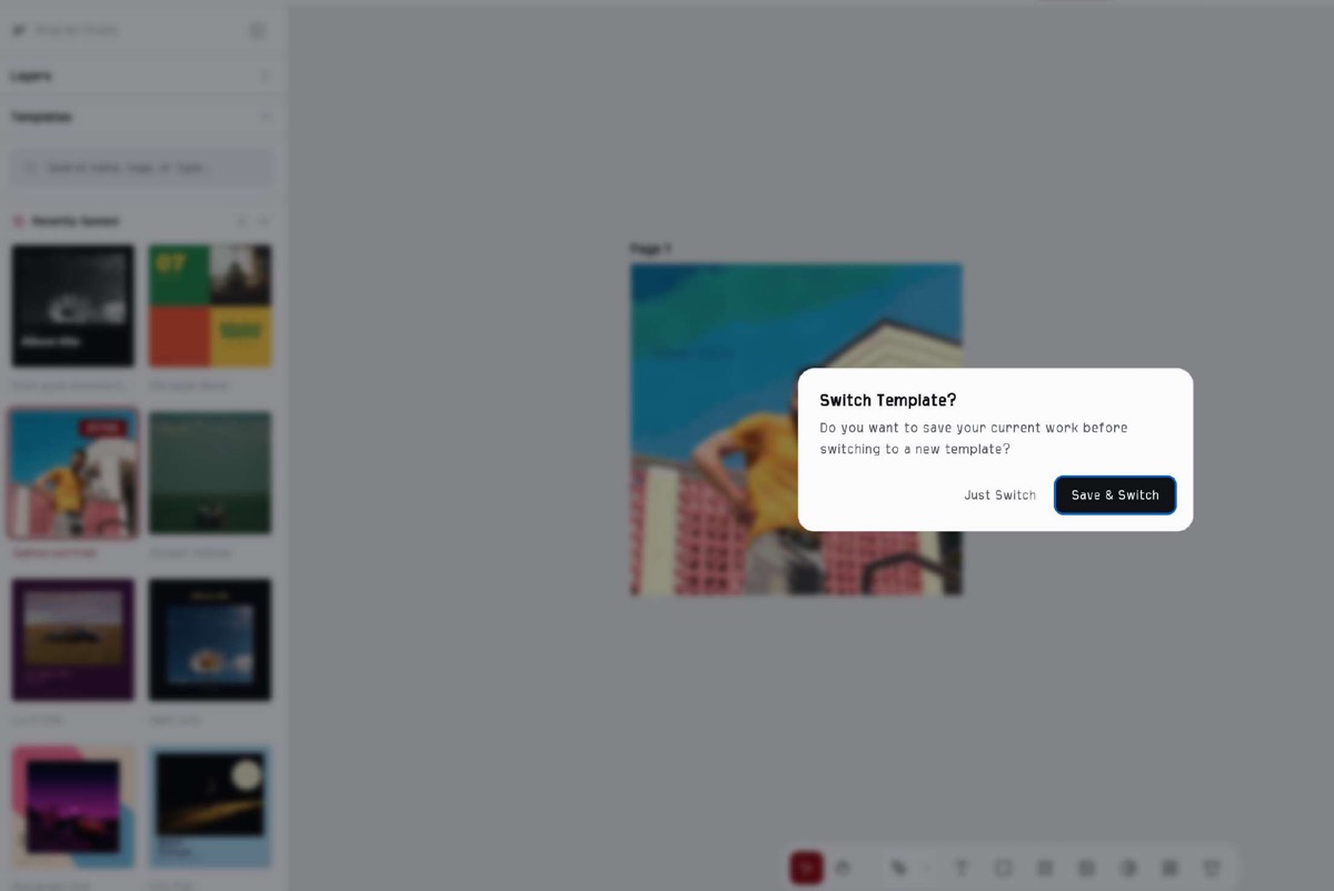 Screenshot of Bitgrain showing a “Switch Template?” confirmation dialog with “Just Switch” and
“Save & Switch” options, triggered while simply browsing the template library rather than after
any actual edit.