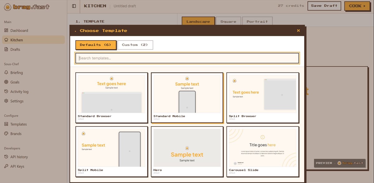 Screenshot of brag.fast’s “Choose Template” picker open over a Kitchen draft: selecting a
different template here replaces the current one immediately, with no warning that the brand
colors, visuals, and text already entered will be discarded.