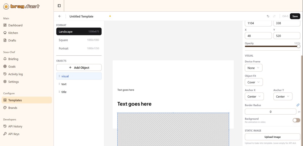 Screenshot of brag.fast’s separate Templates builder, editing a template’s own “visual” object
via a properties panel on the right — a different upload location and control set from the
Kitchen flow’s own visual-upload step.