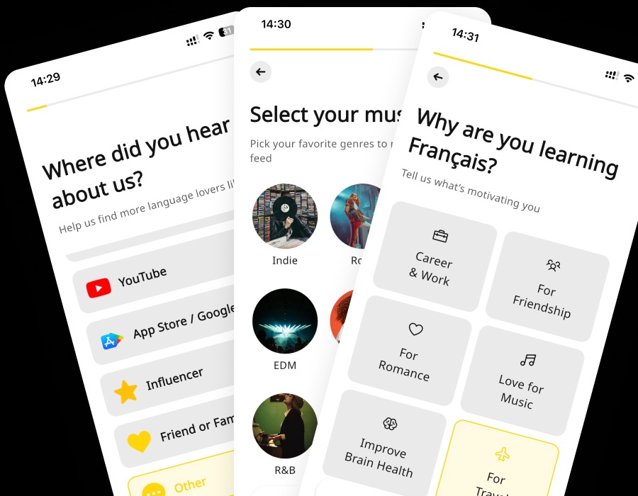 Screenshot of Canary’s onboarding: three sequential personalization screens — “Where did you hear about us?” with a source-list picker, a middle screen headed “Select your mus…” (the rest hidden behind the front screen) showing a music-genre grid (Indie, EDM, R&B), and “Why are you learning Français?” — each requiring input before the user reaches any core learning content.