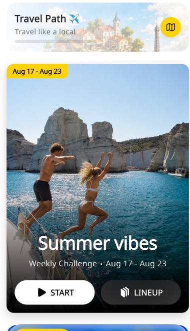 Screenshot of Canary’s Home screen, cropped below the header: a “Travel Path” banner and a “Summer vibes” weekly-challenge card with separate “Start” and “Lineup” buttons, plus another card peeking at the bottom edge — several competing entry points with no single obvious next action for a returning user.
