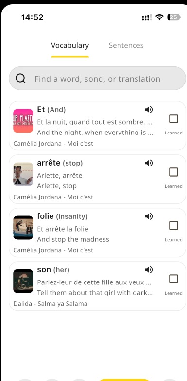 Screenshot of Canary’s Vocabulary tab: a search field and a list of saved words (“Et,” “arrête,” “folie,” “son”), each showing a translation, an example line, and a “Learned” checkbox, but no action prompting the user to actually practice or review them.