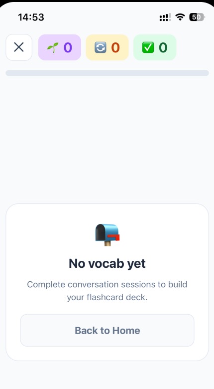 Screenshot of ChatPal’s vocabulary tab in its empty state: three stat counters all at 0, a mailbox icon, the message “No vocab yet” with the caption “Complete conversation sessions to build your flashcard deck,” and a single “Back to Home” button with no link to an actual lesson.
