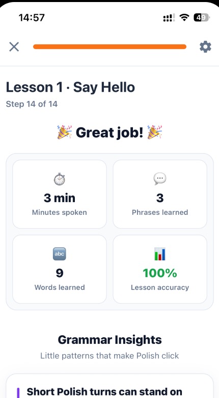 Screenshot of ChatPal’s lesson-completion screen: “Lesson 1 · Say Hello, Step 14 of 14,” a “Great job!” message with stats (3 min, 3 phrases learned, 9 words learned, 100% lesson accuracy), and the start of a “Grammar Insights” section — the only way forward from here is the close (X) button, not a next-lesson prompt.