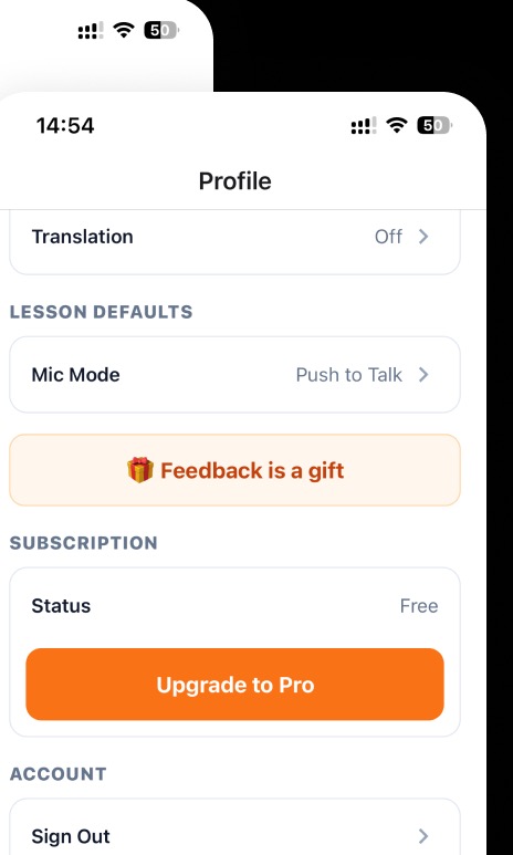 Screenshot of ChatPal’s Profile/Settings screen: under “Subscription,” a “Status: Free” row and an “Upgrade to Pro” button sit below the Translation and Mic Mode settings and the “Feedback is a gift” banner, with no explanation anywhere of what Pro includes.