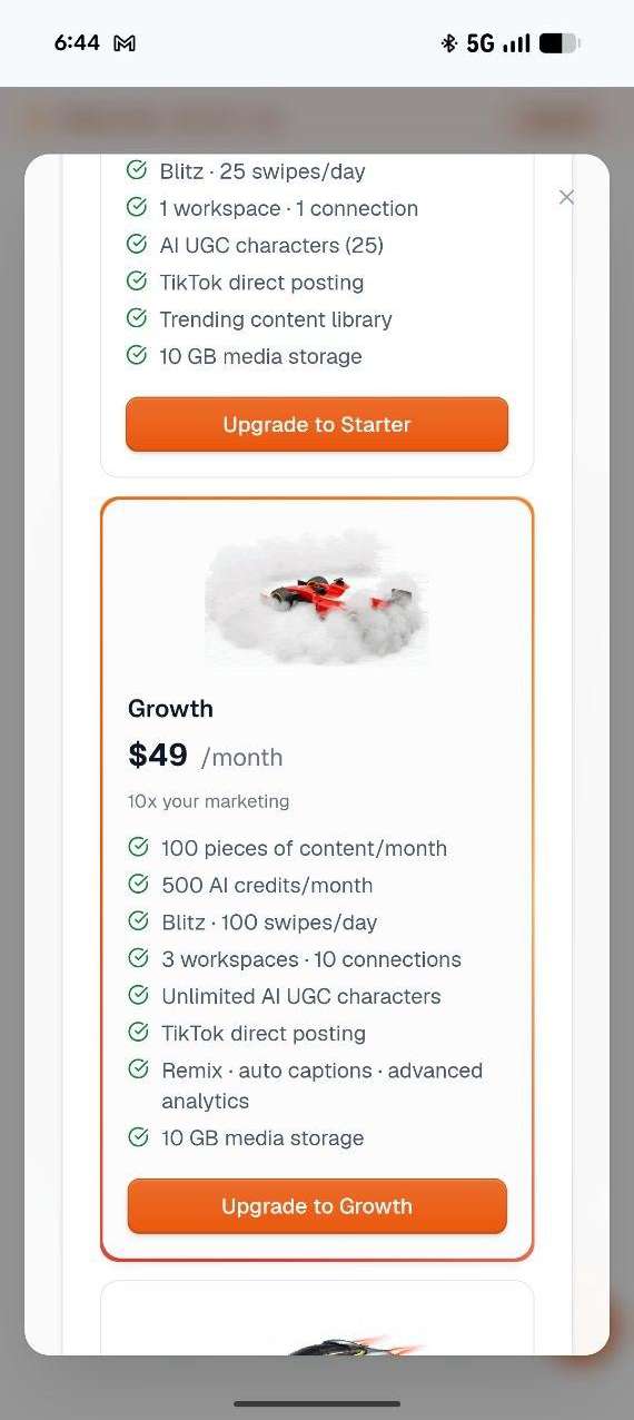 Screenshot of Fastlane’s pricing screen on mobile, showing the Growth plan at $49/month with an orange “Upgrade to Growth” button — the same primary-action color that’s swapped for navy on the onboarding screen’s “Continue” button shown above.