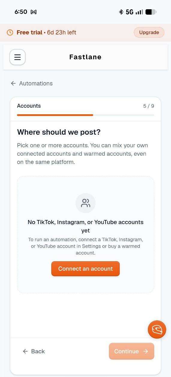 Screenshot of Fastlane’s Automation setup flow asking “Where should we post?” with no TikTok, Instagram, or YouTube accounts connected yet — the account-connection requirement only surfaces here, mid-setup, rather than earlier in the flow.