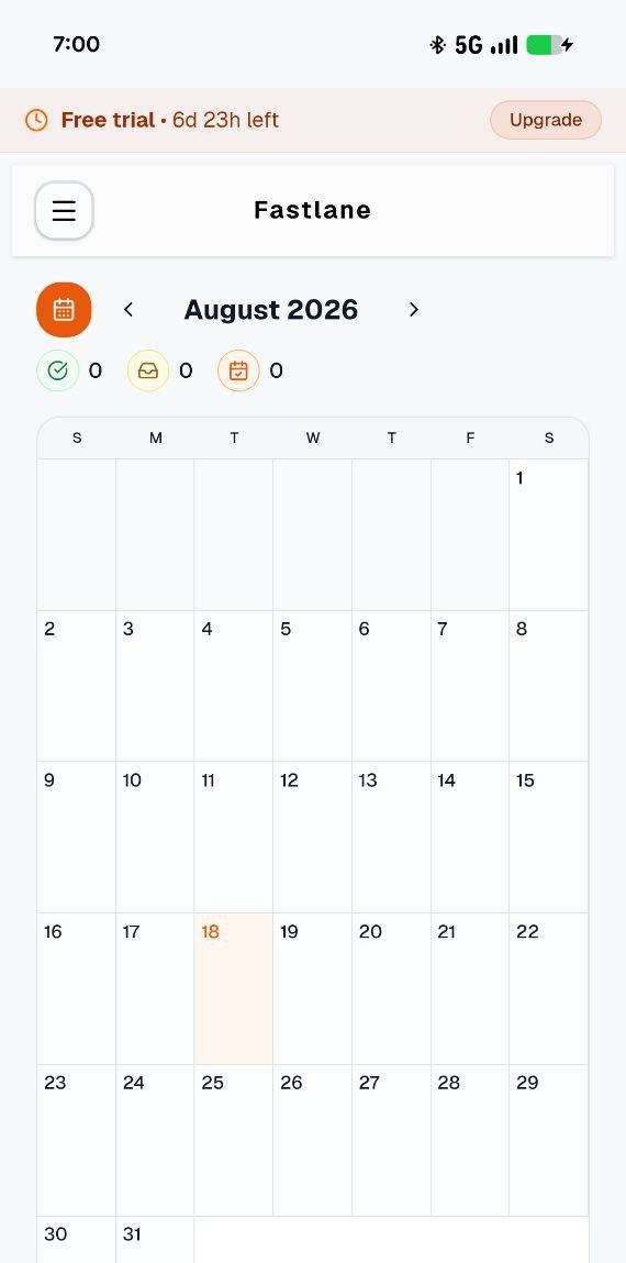 Screenshot of Fastlane’s Calendar view for August 2026 on mobile: there is no action on the calendar grid itself to schedule or create a post from a given date.