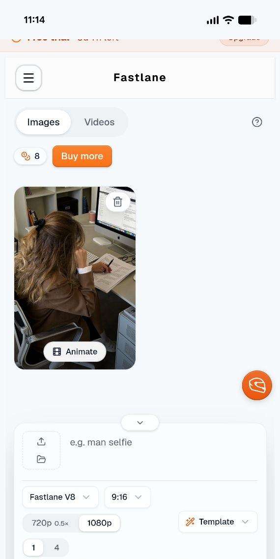 Screenshot of Fastlane’s AI image generation screen on mobile: small, low-contrast gray labels (“Fastlane V8,” “9:16,” “720p / 1080p,” “Template”) show little visual distinction between headings, field labels, and body text.