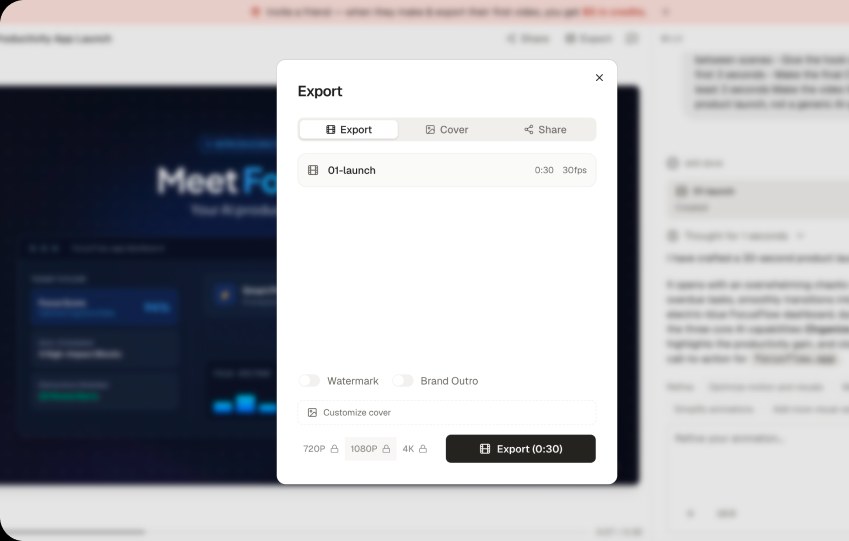 Screenshot of iArt.ai’s Export modal over a “Meet Fo…” video preview: an “01-launch” export row with Watermark/Brand Outro toggles and 720P/1080P/4K options, with 1080P and 4K shown locked behind a padlock icon next to the Export (0:30) button.