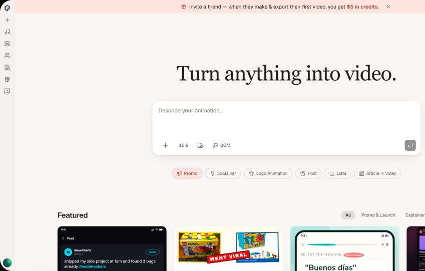 Screenshot of iArt.ai’s homepage, “Turn anything into video,” with a collapsed left navigation showing only icons and no visible Projects/Recents entry, next to a Featured template row of Promo, Explainer, Logo Animation, Post, Data, and Article → Video cards.