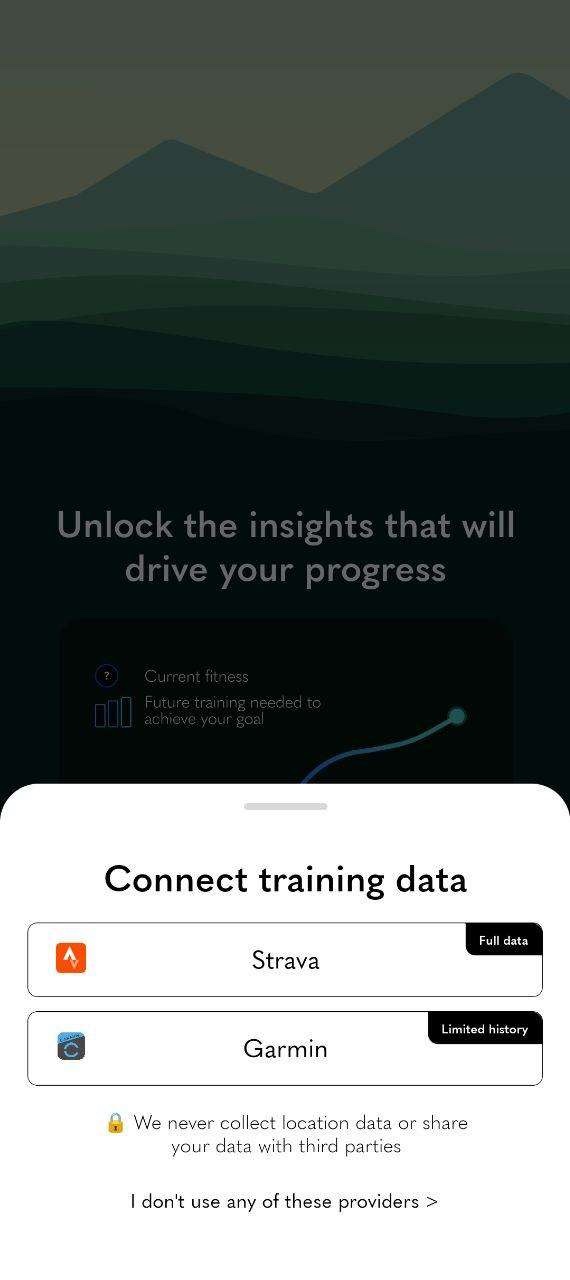 Screenshot of Kaizen’s “Connect training data” modal: Strava (labeled “Full data”) and Garmin (labeled “Limited history”) are presented as the only two options to unlock full functionality, with a smaller “I don’t use any of these providers” link below — users without either service must leave the app through this link.