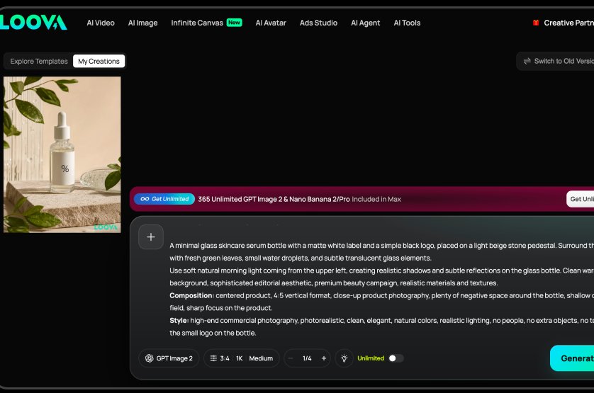 Screenshot of Loova’s image-generation workspace: a small generated skincare-serum product photo sits at the top left, while a large prompt panel below it — with model selector, aspect ratio, resolution, batch-count and a “Generate” button — takes up far more space than the image itself.