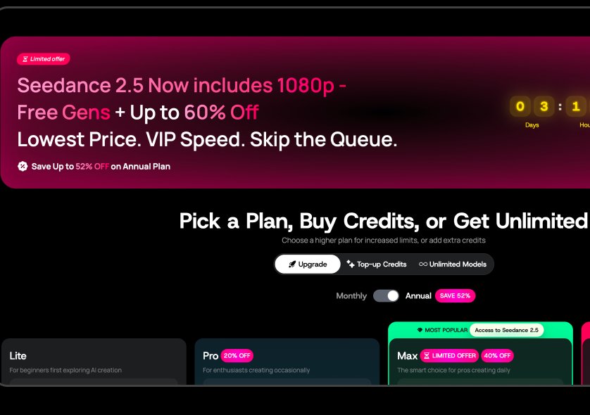 Screenshot of Loova’s upgrade modal after running out of credits: a large pink promotional banner (“Seedance 2.5 Now includes 1080p - Free Gens + Up to 60% Off, Lowest Price. VIP Speed. Skip the Queue.”) with a countdown timer sits above the actual plan picker (“Pick a Plan, Buy Credits, or Get Unlimited”) and the Lite/Pro/Max plan cards, which are partly cut off at the edge of the frame.