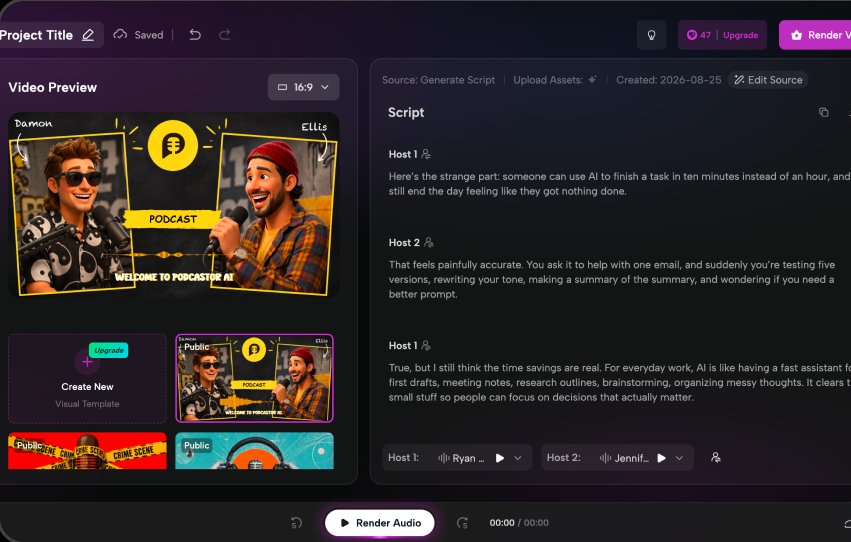 Screenshot of Podcastor’s Studio workspace: a Video Preview panel showing a two-host podcast thumbnail (“Damon” and “Ellis”, “Welcome to Podcastor AI”) next to a Script panel with Host 1 / Host 2 dialogue turns and a “Render Audio” button — script, voice, audio, visual and video steps all sit in the same view with no indication of sequence or current progress.
