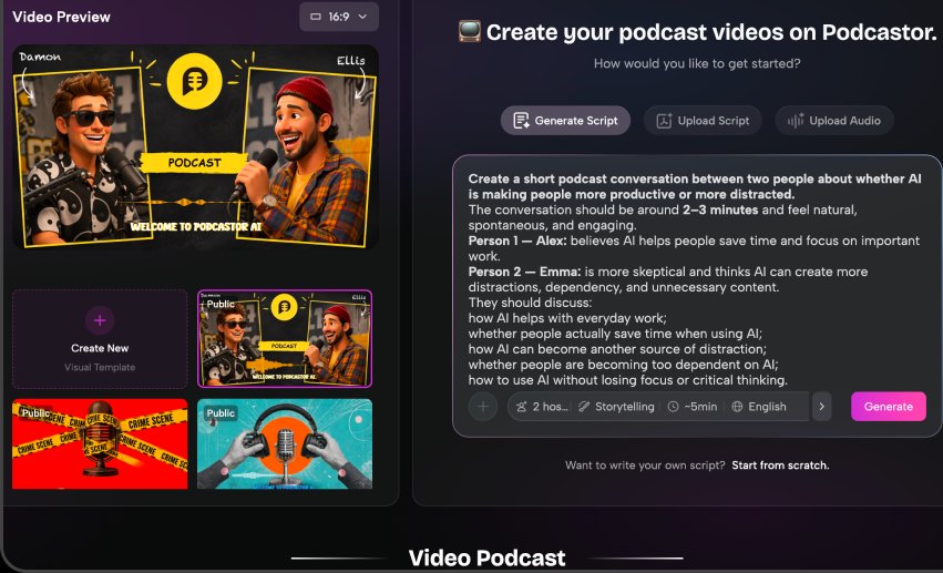 Screenshot of Podcastor’s script-generation panel: “Create your podcast videos on Podcastor.” with Generate Script / Upload Script / Upload Audio options and a filled-in prompt describing a two-person AI conversation, ending in a “Generate” button that shows no credit cost next to the action itself.