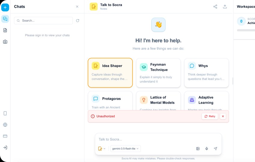 Screenshot from the Socra UX audit: A Broken Login and Dead-End Suggestions
