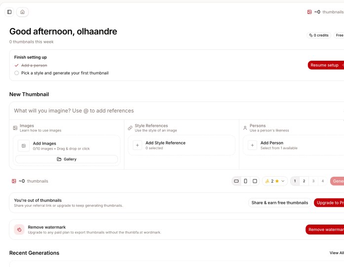 Screenshot of Thumbfa.st’s Dashboard showing “0 credits” and a “You’re out of thumbnails” notice alongside “Share & earn free thumbnails” and “Upgrade to Pro” actions — one of several differently-worded credit and trial states the audit found across the product.