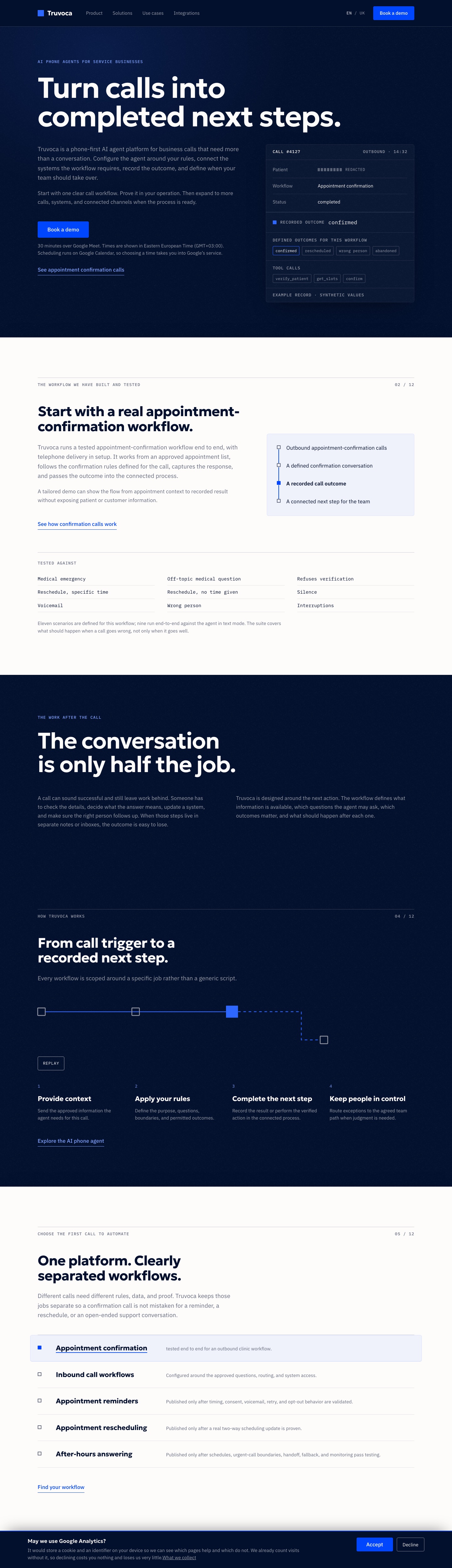 Long Truvoca homepage capture showing the workflow catalogue, where one tested workflow and several configurable or not-yet-validated workflows share nearly identical rows.
