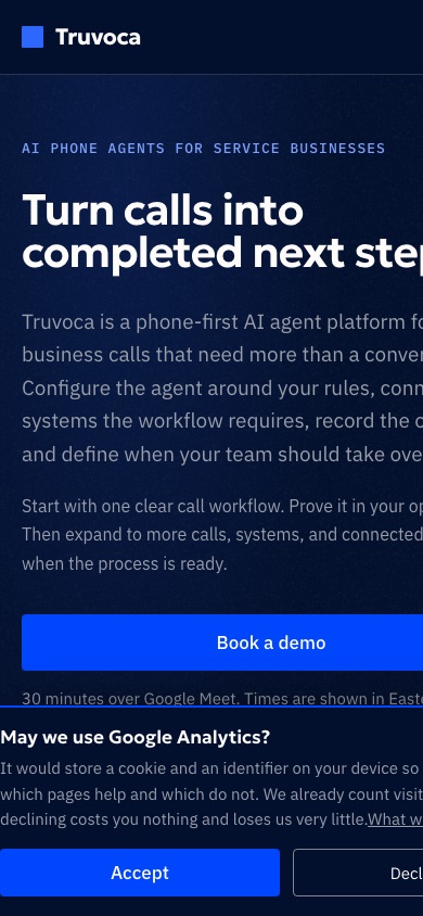 Truvoca mobile first screen with the headline and body text clipped on the right and the cookie consent controls extending beyond the viewport.