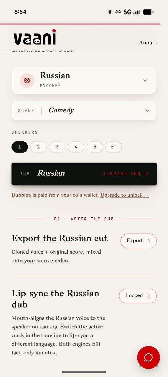 Screenshot of Vaani’s post-dub screen: an “Export” button sits next to a completed “Export the
Russian cut” step, while “Lip-sync the Russian dub” below it shows a “Locked” button with no
explanation of what unlocks it — and a red chat bubble overlaps the bottom-right corner of both
rows.
